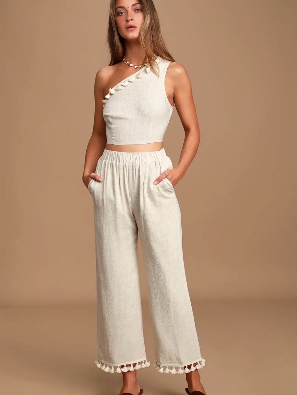 Lulus Sand Beige Wide-Leg Tassel Pants, Extra Small